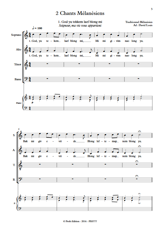 2 Chants Mélanésiens - Chœur et Piano - TRADITIONNEL - Partition