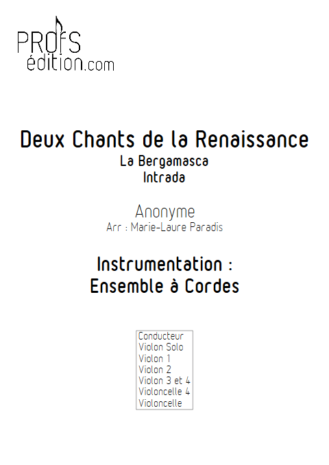 2 Chants de la Renaissance - Ensemble à Cordes - ANONYME - page de garde