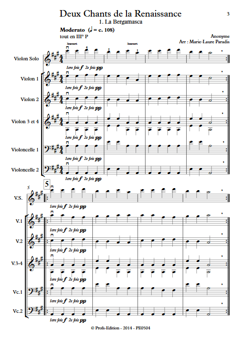 2 Chants de la Renaissance - Ensemble à Cordes - ANONYME - Partition