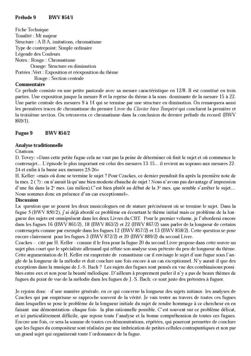 Clavier Bien Tempéré 1 BWV 854 - Analyse - CHARLIER C. - Fiche Pédagogique