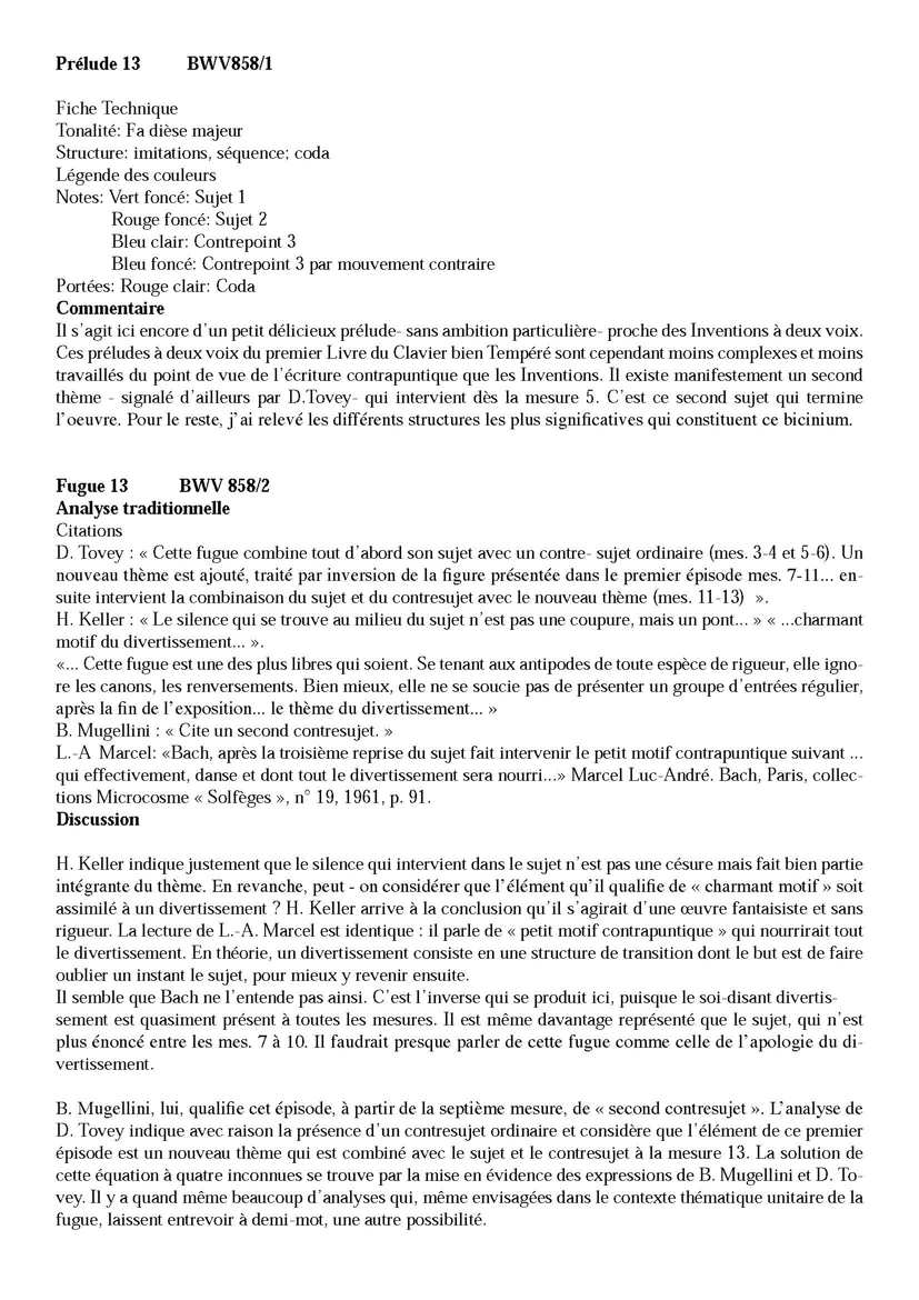Clavier Bien Tempéré 1 BWV 858 - Analyse - CHARLIER C. - Fiche Pédagogique