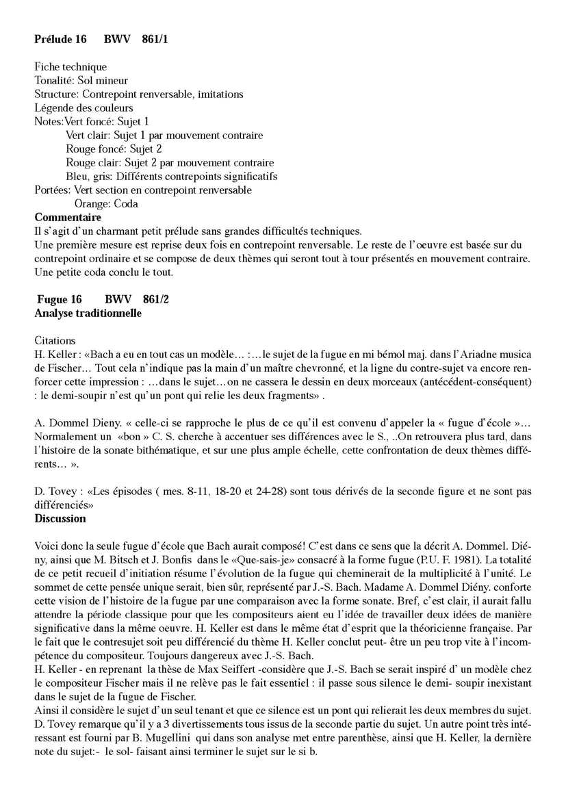 Clavier Bien Tempéré 1 BWV 861 - Analyse - CHARLIER C. - Fiche Pédagogique