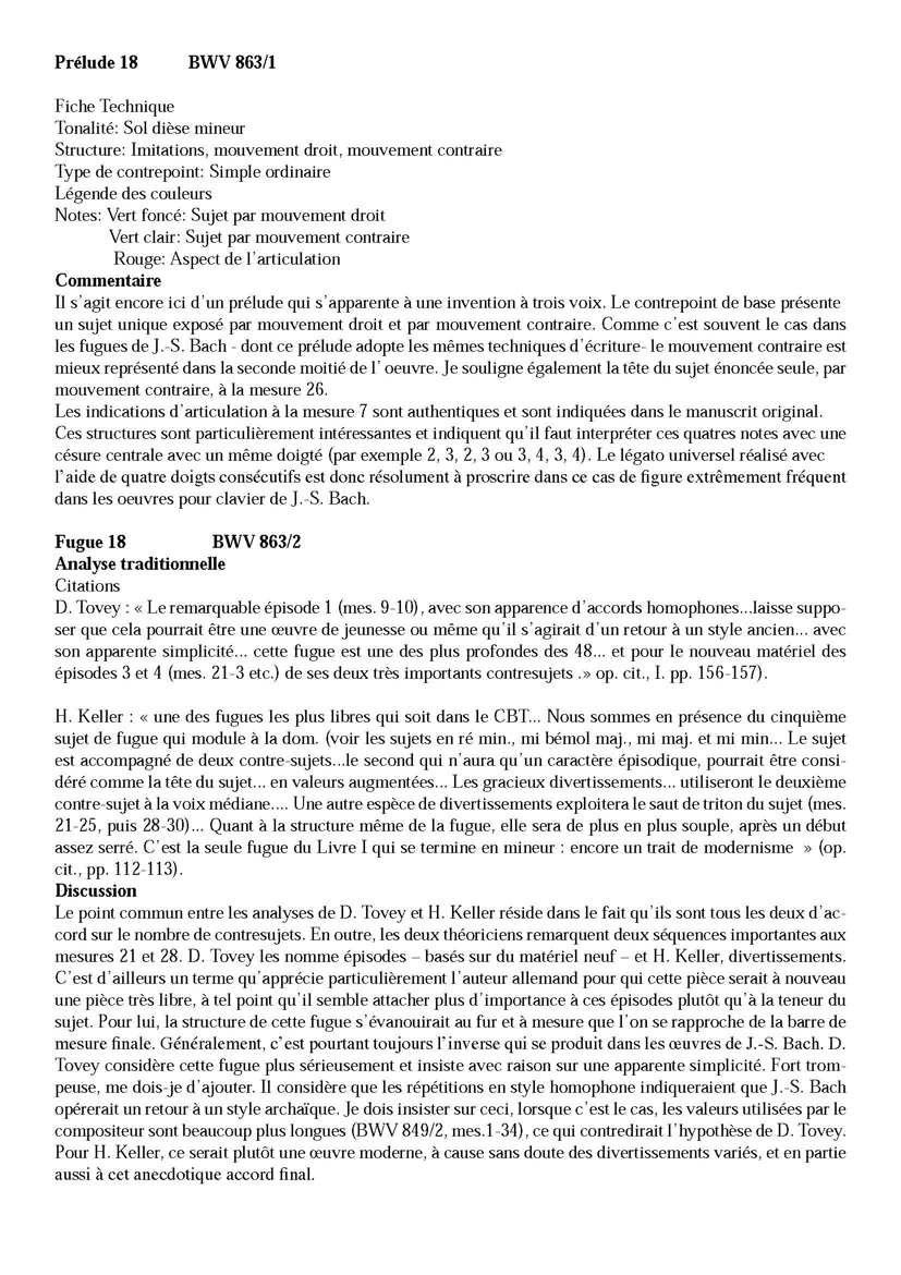 Clavier Bien Tempéré 1 BWV 863 - Analyse - CHARLIER C. - Fiche Pédagogique