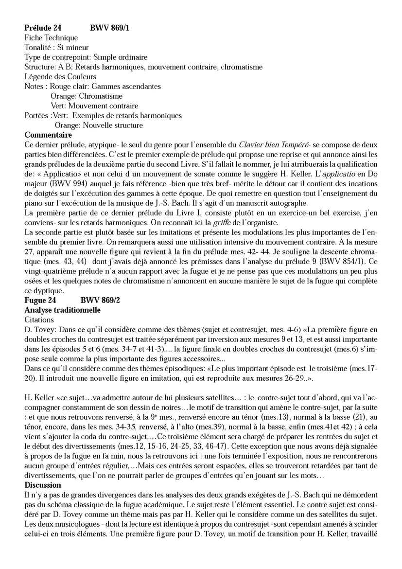 Clavier Bien Tempéré 1 BWV 869 - Analyse - CHARLIER C. - Fiche Pédagogique