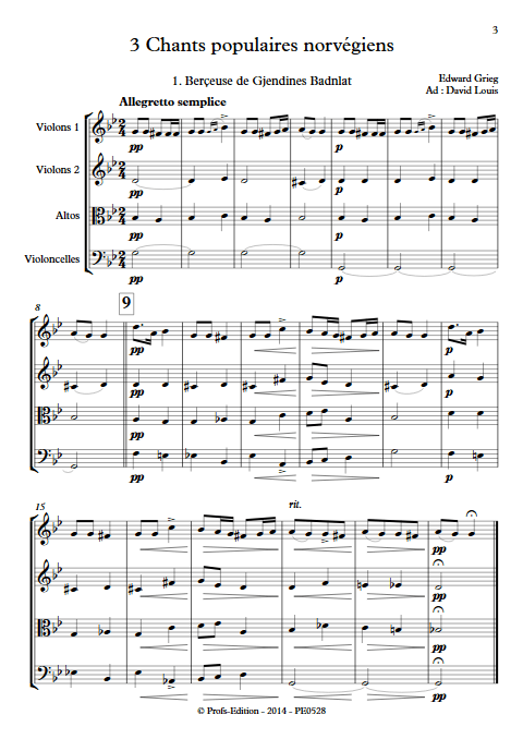 3 chants Norvegiens Op. 66 - Quatuor à Cordes - GRIEG E. - Partition