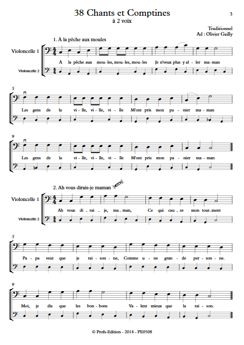 38 Chants et Comptines - Duos de Violoncelles - TRADITIONNEL - Partition