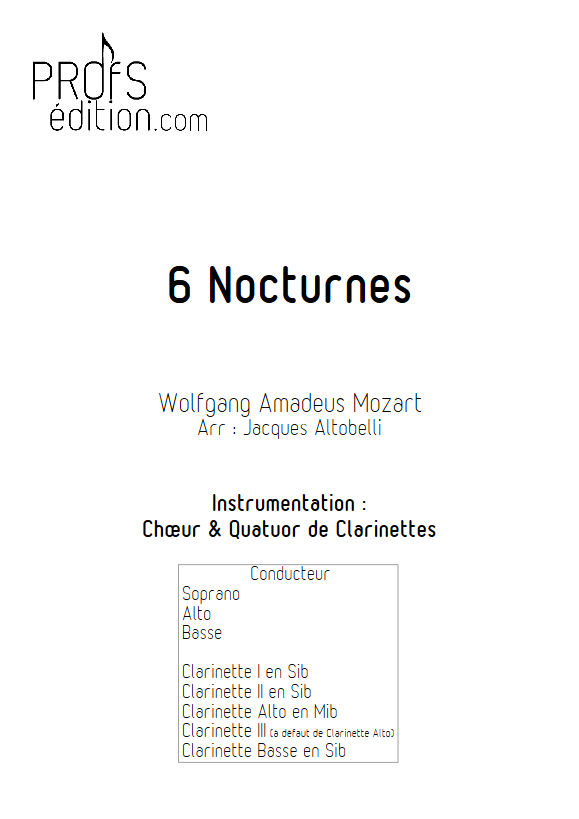 6 Nocturnes  - Chœur & Quatuor Clarinettes - MOZART W. A. - page de garde