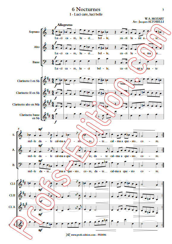6 Nocturnes  - Chœur & Quatuor Clarinettes - MOZART W. A. - Partition