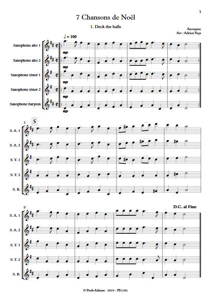 7 Chansons de Noël - Quintette de Saxophones - TRADITIONNEL - Partition
