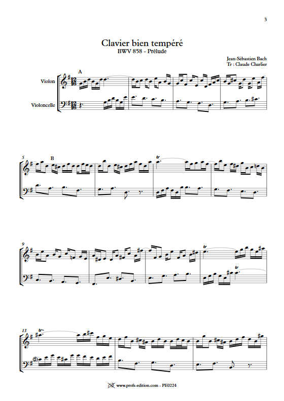 Prelude BWV 858 Clavier bien tempéré - Duo violon violoncelle - BACH J. S. - Partition