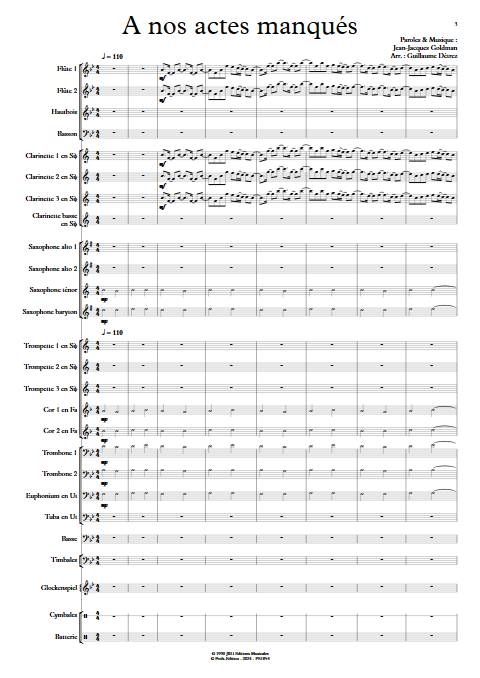A nos actes manqués - Orchestre d'harmonie - GOLDMAN J-J - Partition