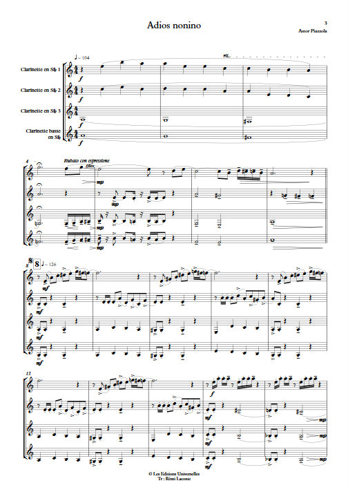 Adios Nonino - Trio de Clarinettes - PIAZZOLA A. - Partition