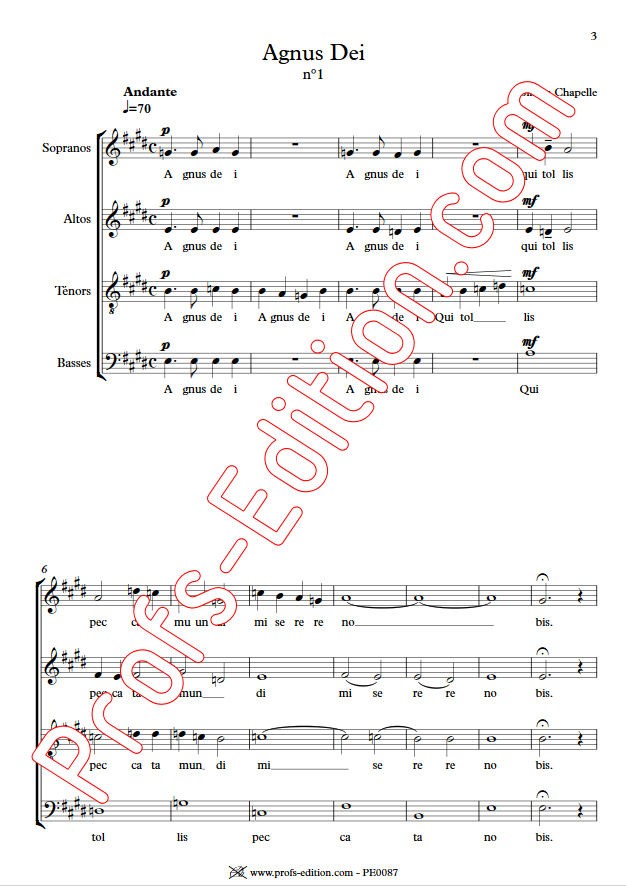 Agnus Dei - Chœur Mixte - CHAPELLE S. - Partition
