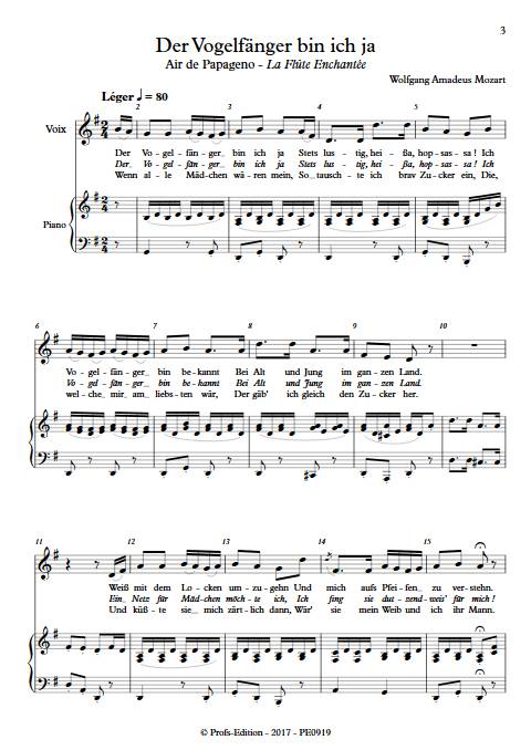 Air de Papageno, Der Vogelfänger bin ich ja - Piano Voix - MOZART W. A. - app.scorescoreTitle