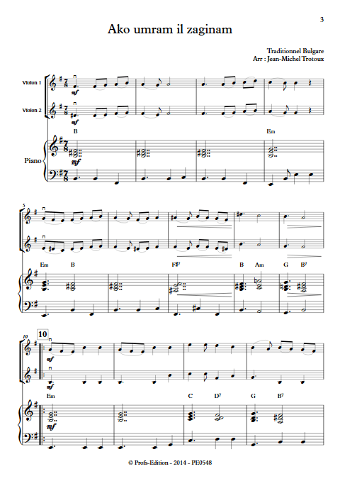 Ako umram il zaginam - Trio 2 Violons et Piano - TRADITIONNEL BULGARE - app.scorescoreTitle