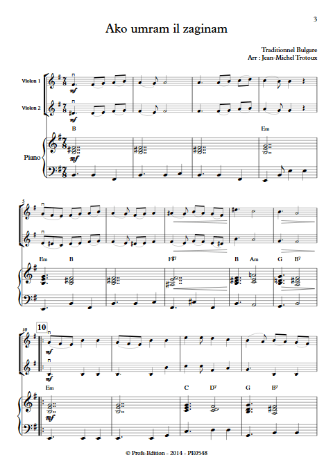 Ako umram il zaginam - Trio 2 Violons et Piano - TRADITIONNEL BULGARE - Partition