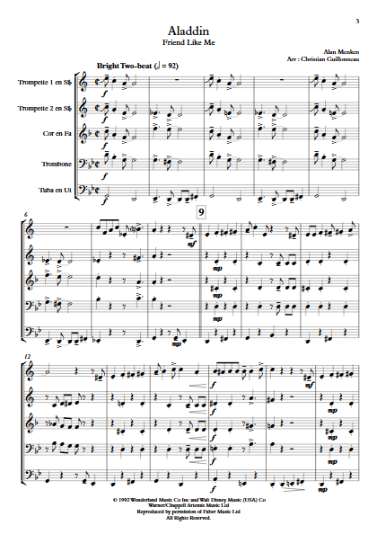 Aladdin (Je suis ton meilleur Ami) - Quintette de Cuivres - MENKEN A. - Partition