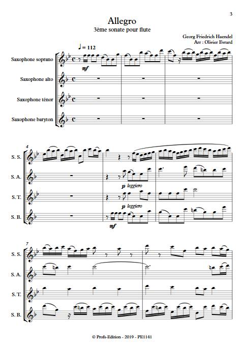 Allegro de la 3ème sonate pour flute - Quatuor de Saxophones - HAENDEL G. F. - Partition