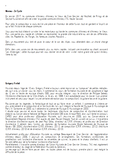 Annecy l'âme du lac - Orchestre d'Harmonie - FRELAT G. - Fiche Pédagogique