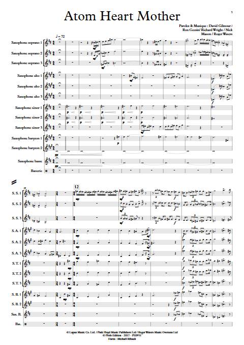 Atom Heart Mother - Ensemble de Saxophones - PINK FLOYD - Partition