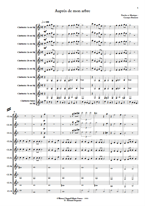 Auprès de mon arbre - Ensemble de Clarinettes - BRASSENS G. - Partition