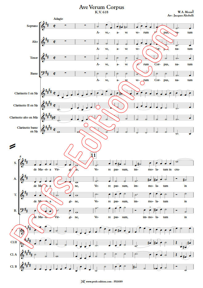 Ave Verum Corpus - Chœur & Quatuor Clarinettes - MOZART W. A. - Partition