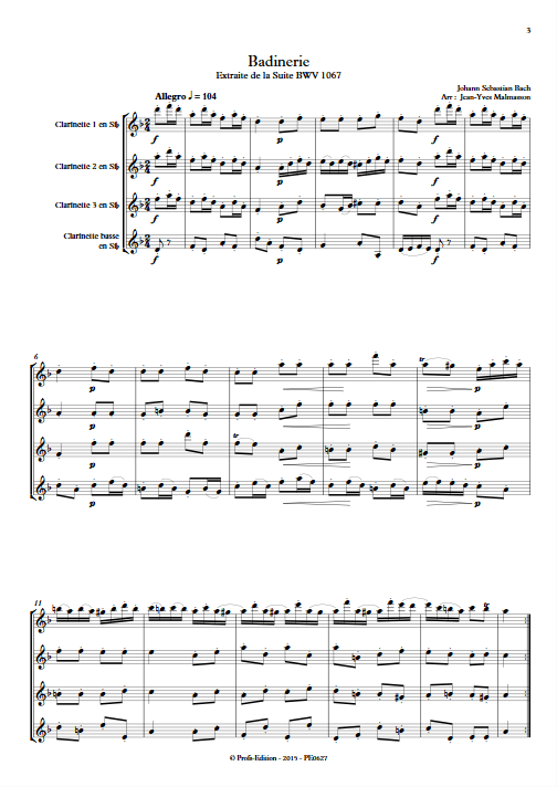 Badinerie BWV 1067 - Quatuor de Clarinettes - BACH J. S. - Partition