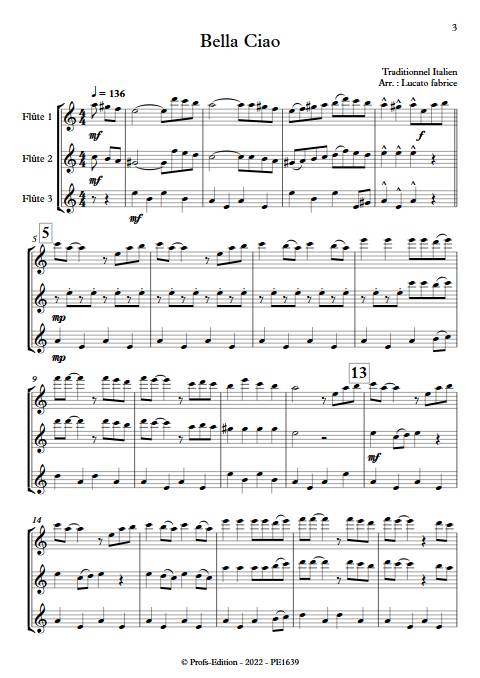 Bella Ciao - Trio Flûtes - TRADITIONNEL ITALIEN - Partition