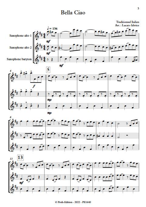 Bella Ciao - Trio Saxophones - TRADITIONNEL ITALIEN - Partition