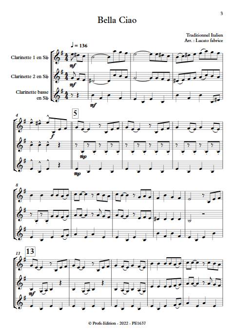 Bella Ciao - Trio Clarinettes - TRADITIONNEL ITALIEN - Partition