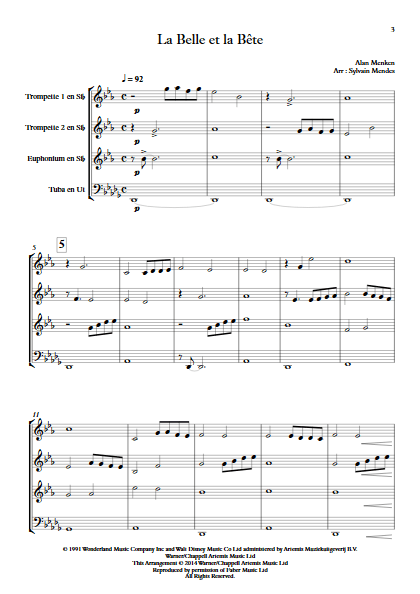 La Belle et le Bête - Quatuor Cuivres - MENKEN Alan - Partition