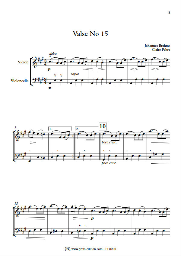Valse n°15 Opus 39 - Duo Violon Violoncelle - BRAHMS J. - Partition