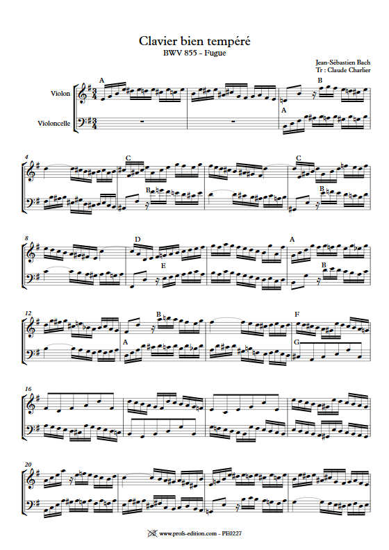 Fugue BWV 855 Clavier bien tempéré - Duo violon violoncelle - BACH J. S. - Fiche Pédagogique
