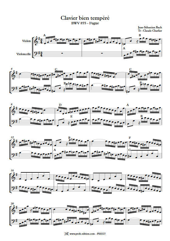 Fugue BWV 855 Clavier bien tempéré - Duo violon violoncelle - BACH J. S. - Fiche Pédagogique