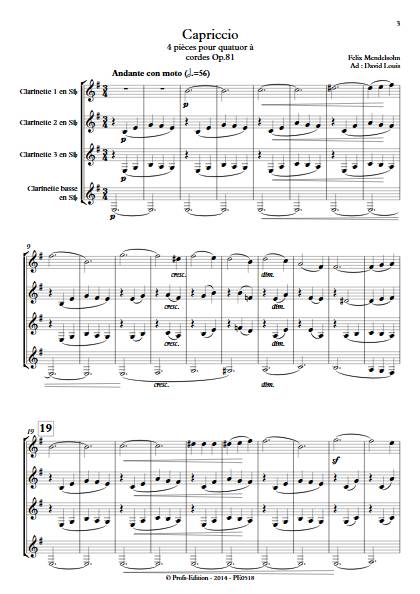 Capriccio - Quatuor de Clarinettes - MENDELSSOHN F. - Partition