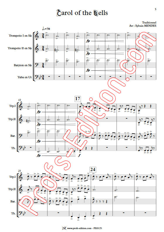 Carol Of The Bells - Quatuor Cuivres - TRADITIONNEL - Partition