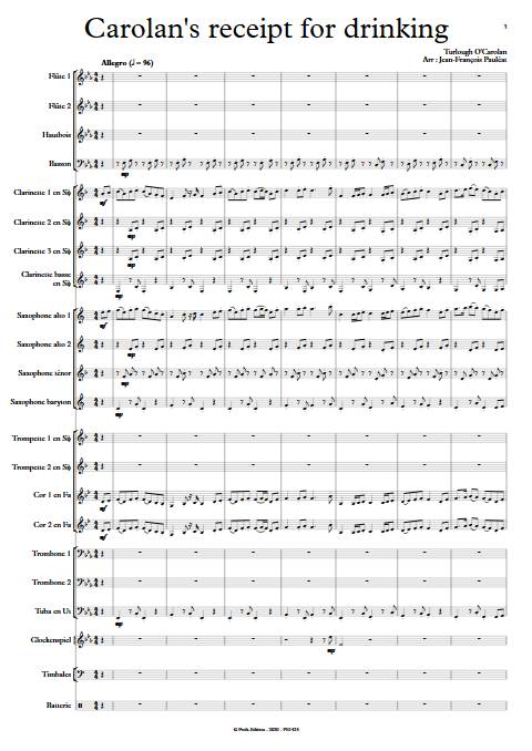 Carolan's receipt for drinking - Orchestre d'Harmonie - O'CAROLAN T. - Partition