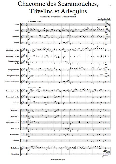 Chaconne des scaramouches, trivelins et arlequins - Orhestre d'harmonie - LULLY J-B. - Partition