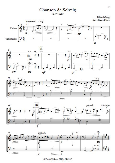 Chanson de solveig - Duo violon Violoncelle - GRIEG E. - Partition