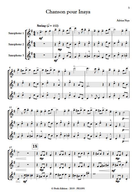 Chanson pour Inaya - Trio de Saxophones - VEYS A. - Partition