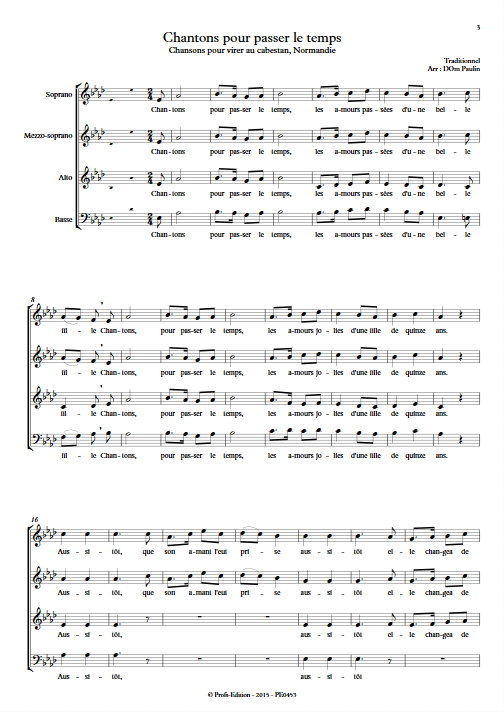 Chantons pour passer le temps - 4 voix mixtes - TRADITIONNEL - Partition