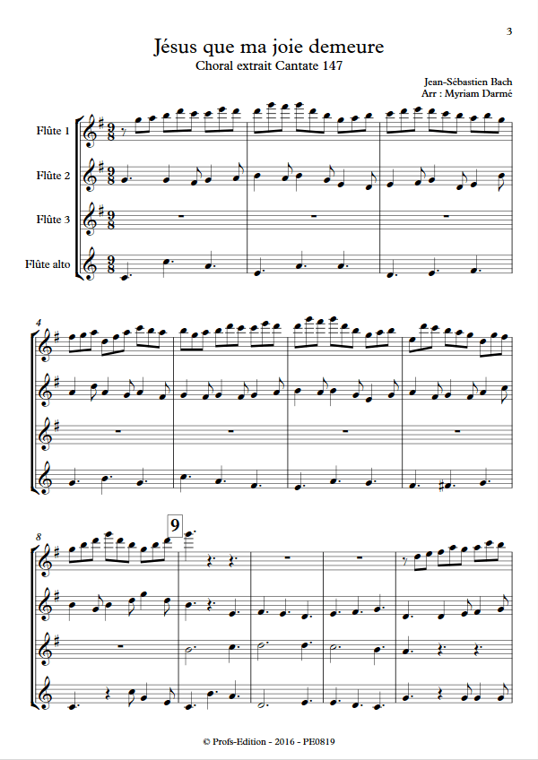 Jésus que ma joie demeure - Quatuor de Flûtes - BACH J. S. - Partition