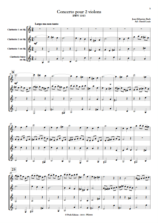 Concerto pour 2 violons BWV 1043 (Largo) - Quatuor de Clarinettes - BACH J. S. - Partition