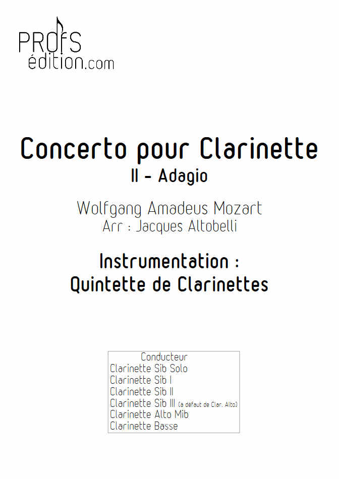 Concerto pour Clarinette KV622 (Adagio) - Quintette Clarinettes (Clar Sib) - MOZART W. A. - page de garde