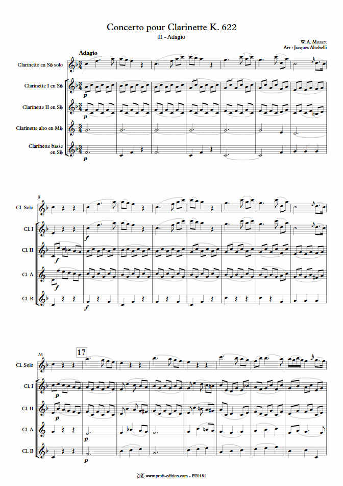 Concerto pour Clarinette KV622 (Adagio) - Quintette Clarinettes (Clar Sib) - MOZART W. A. - Fiche Pédagogique