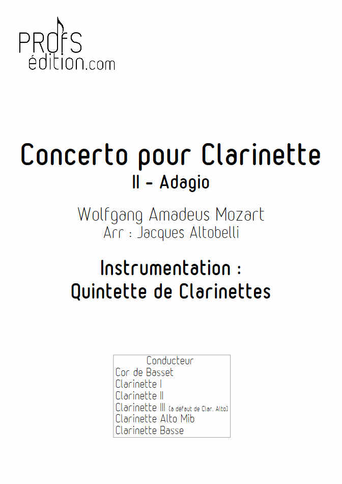 Concerto pour Clarinette KV622 (Adagio) - Quintette Clarinettes (Cor de Basset) - MOZART W. A. - page de garde