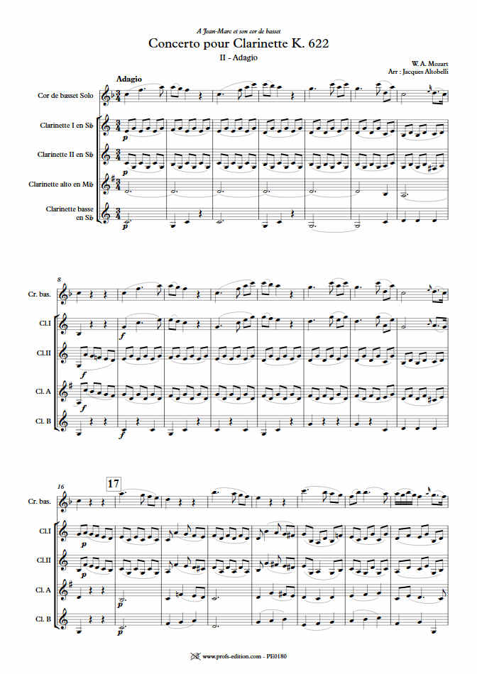 Concerto pour Clarinette KV622 (Adagio) - Quintette Clarinettes (Cor de Basset) - MOZART W. A. - Fiche Pédagogique