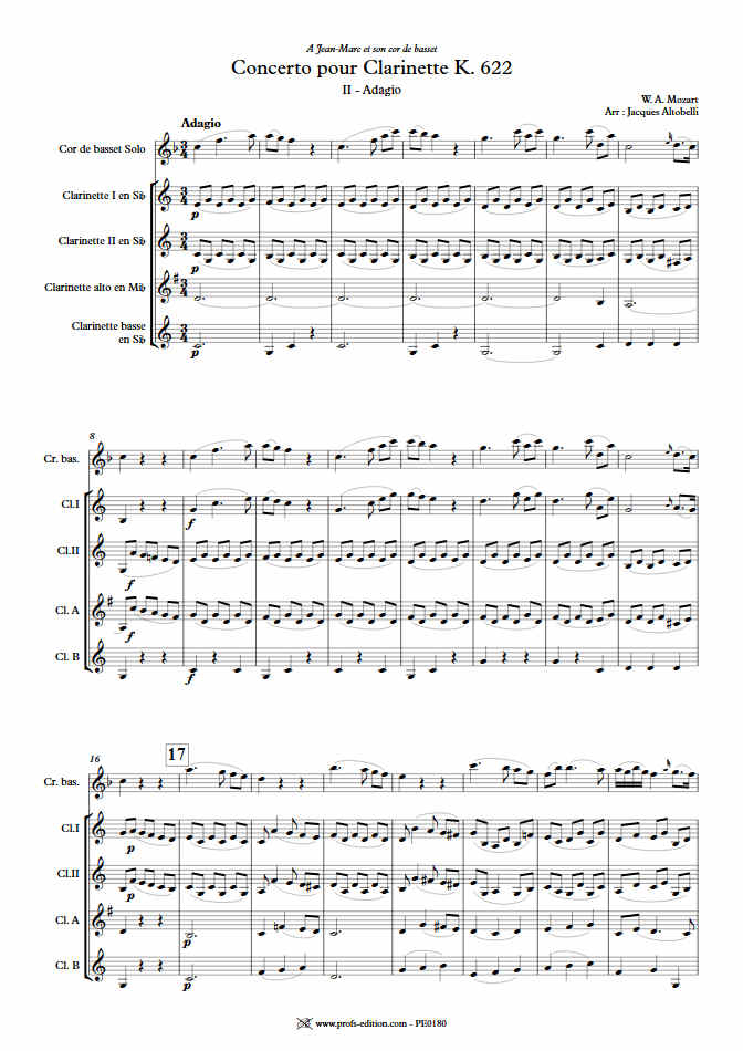 Concerto pour Clarinette KV622 (Adagio) - Quintette Clarinettes (Cor de Basset) - MOZART W. A. - Fiche Pédagogique