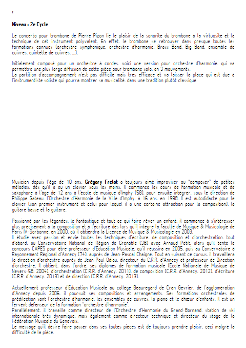 Concerto pour Trombone - Trombone et Orchestre d'Harmonie - PIZON P. - Fiche Pédagogique