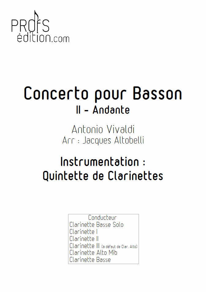 Concerto pour Basson RV484 (Andante) - Quintette Clarinettes - VIVALDI A. - page de garde